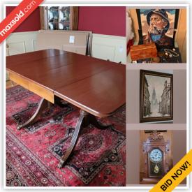 MaxSold Auction: This online auction features silver plate, acoustic guitar, furniture such as Sklar-Peppler wingback chairs, console table, buffet with hutch, sofa and wooden chairs, framed original art, glassware, area rugs, books, DVDs, CDs, hand tools, power tools, gardening supplies and much more!